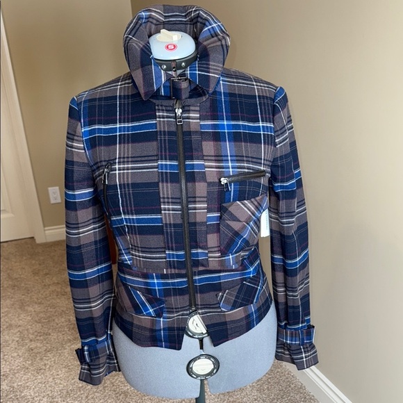 Le Chateau Blue and Brown Blazer with Plaid Pattern Tartan Biker Rocker - Picture 3 of 16